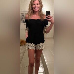 Andrée by Unit Black Off Shoulder Lace Trim Romper Boho Drawstring Pockets S